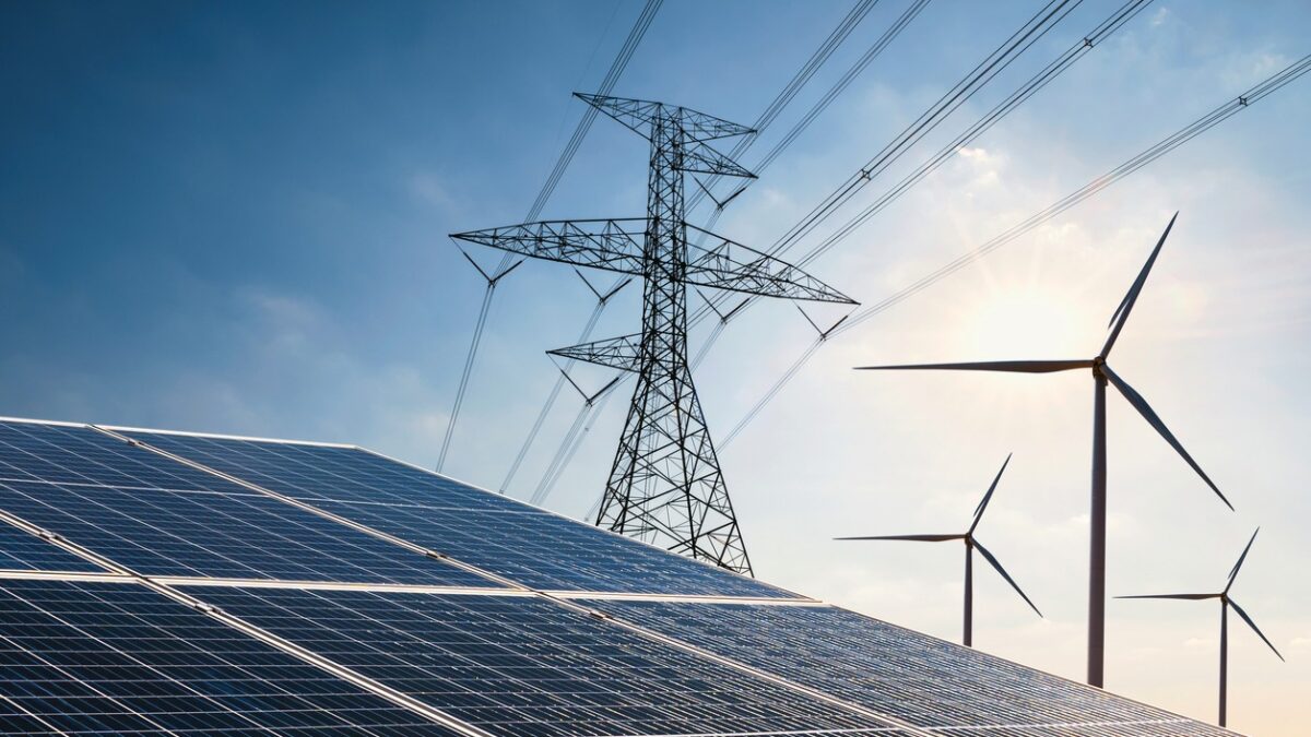 electricity power in nature. clean energy concept. solar panel with turbine and tower hight voltage