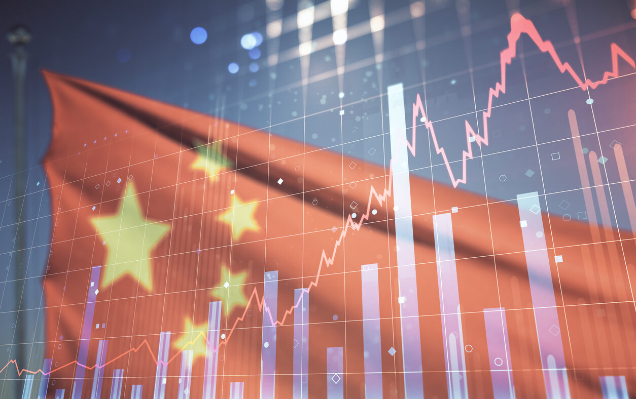 Multi exposure of virtual abstract financial graph interface on Chinese flag and sunset sky background, financial and trading concept