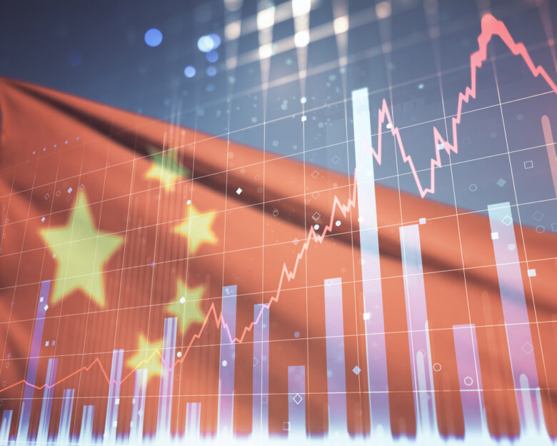 Multi exposure of virtual abstract financial graph interface on Chinese flag and sunset sky background, financial and trading concept