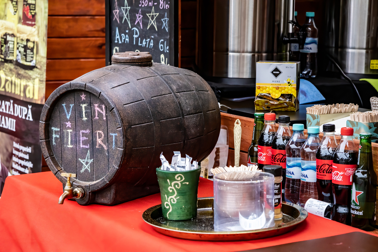 Bucharest, Romania - 12.03.2021: Mulled wine (barrel of mulled wine) at Universitatea Christmas Market
