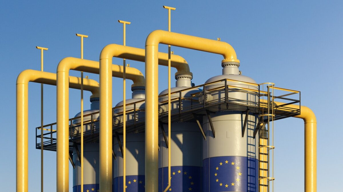 Natural gas tank in gas factory with European union flag