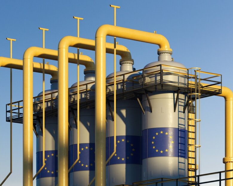Natural gas tank in gas factory with European union flag