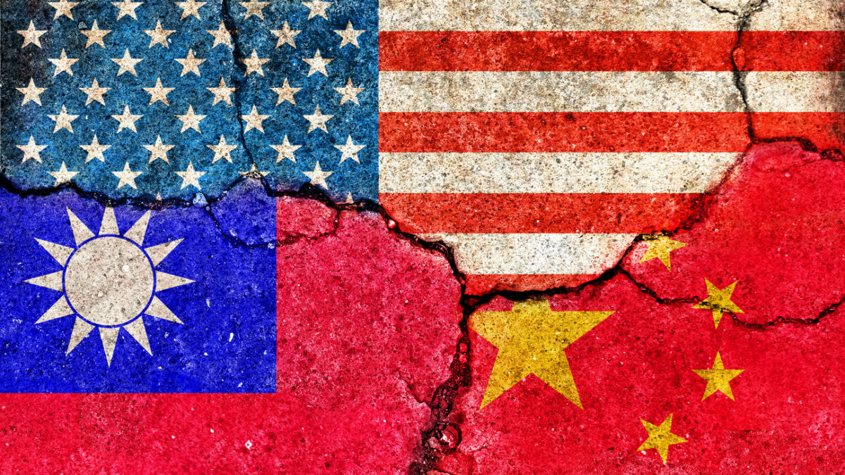 Grunge flags illustration of three countries with conflict and political problems (cracked concrete background) | USA, China and Taiwan