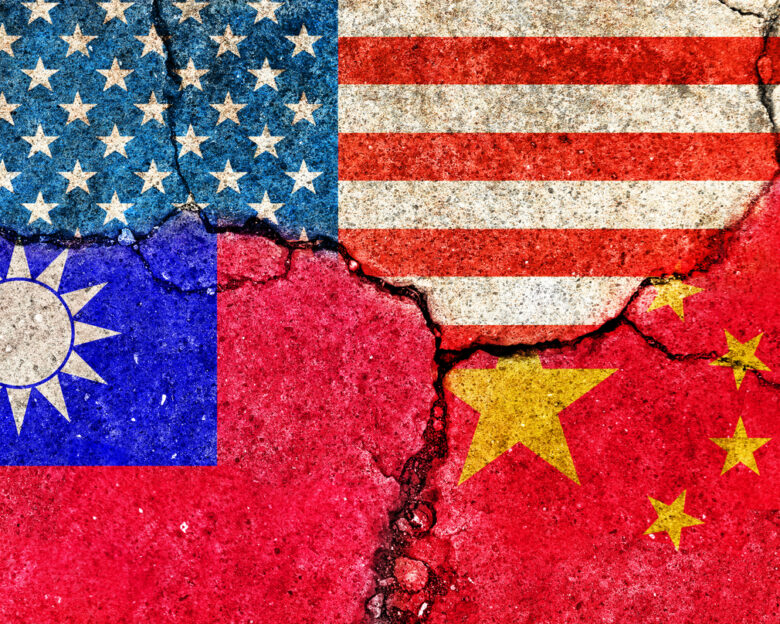 Grunge flags illustration of three countries with conflict and political problems (cracked concrete background) | USA, China and Taiwan