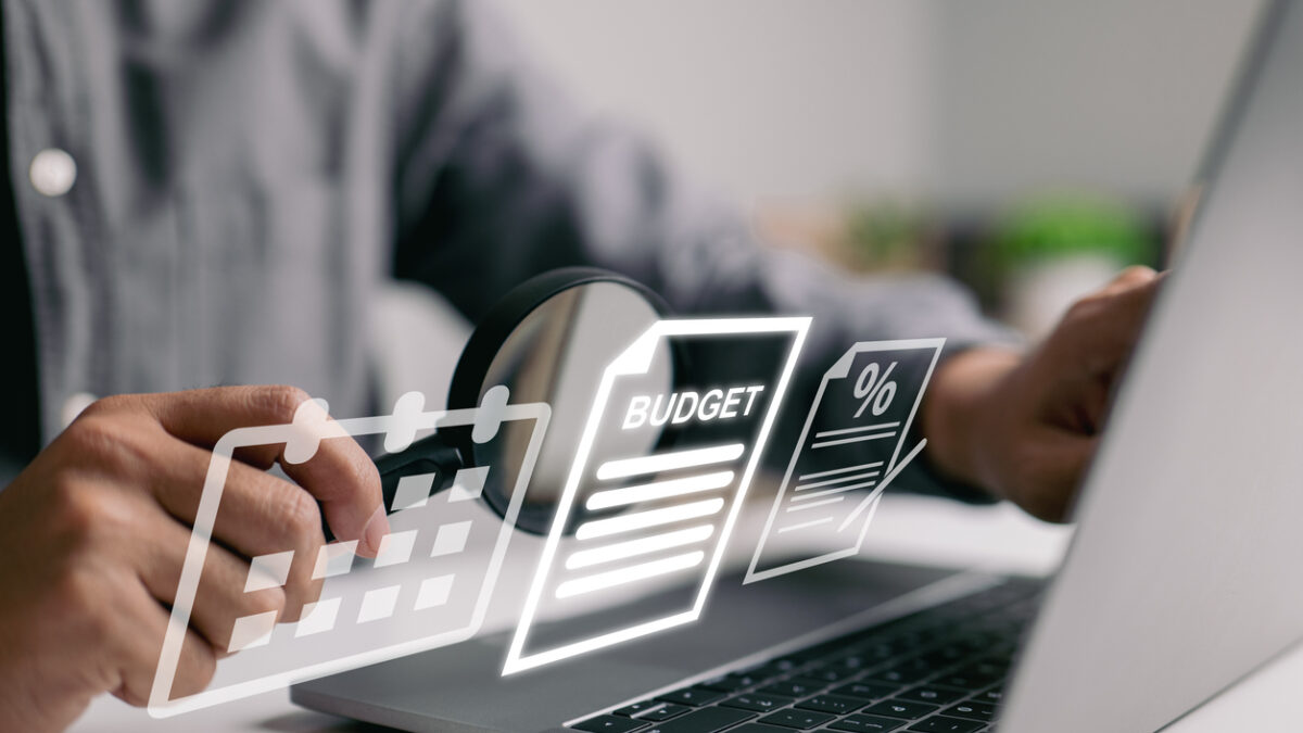 Financial family planning and budgeting. The concept of money management for a little person. Wealth with the tax percentage and monthly income. Keeping track of personal expenses.