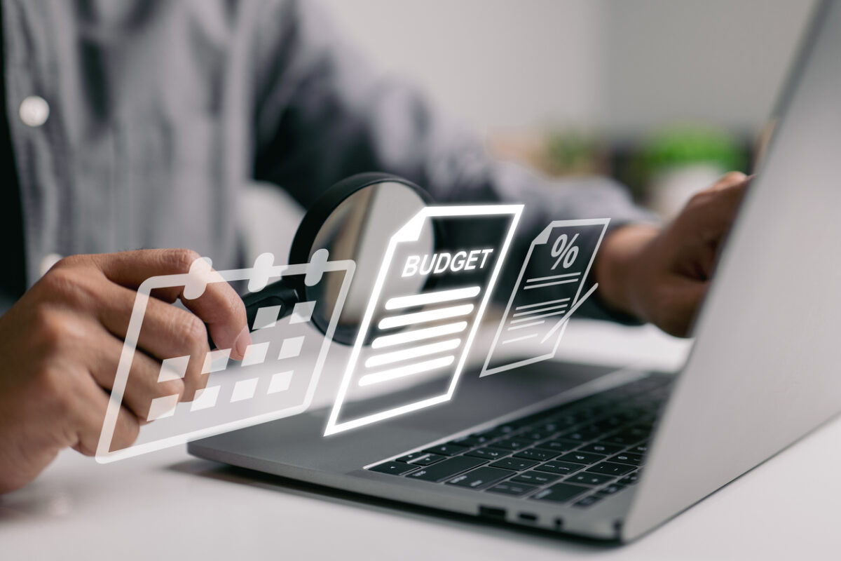 Financial family planning and budgeting. The concept of money management for a little person. Wealth with the tax percentage and monthly income. Keeping track of personal expenses.