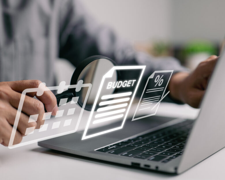 Financial family planning and budgeting. The concept of money management for a little person. Wealth with the tax percentage and monthly income. Keeping track of personal expenses.