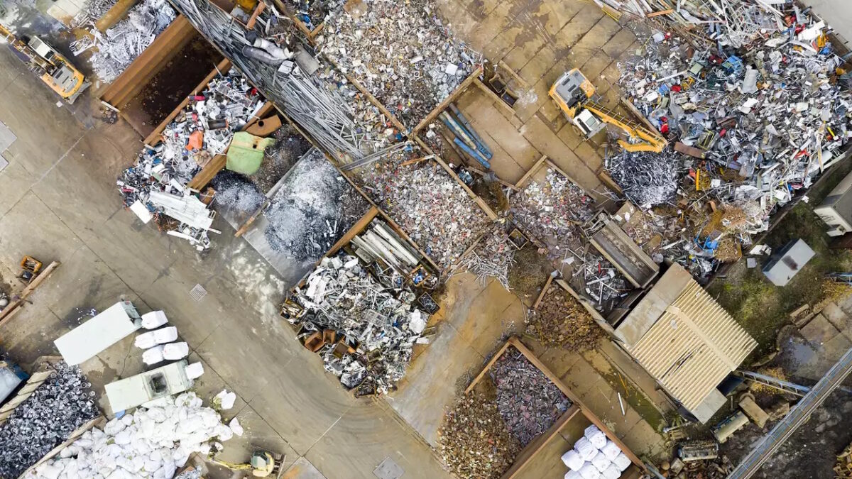 Directly above view of scrap metal yard.