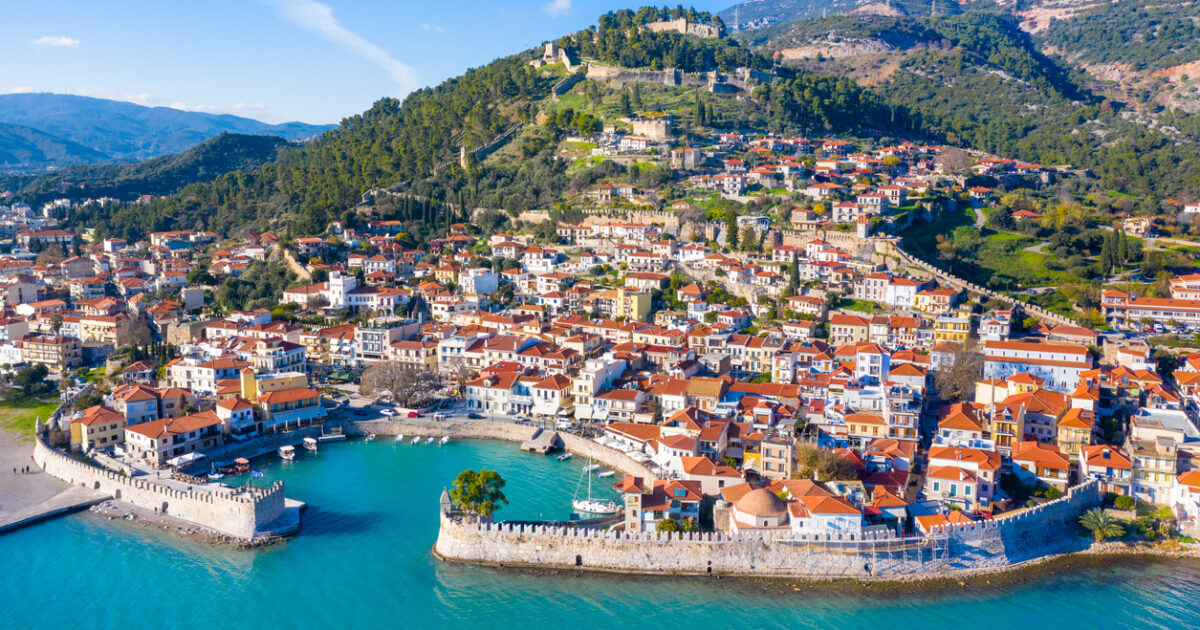 View of of Nafpaktos, Lepanto with the fortress, Greece.
