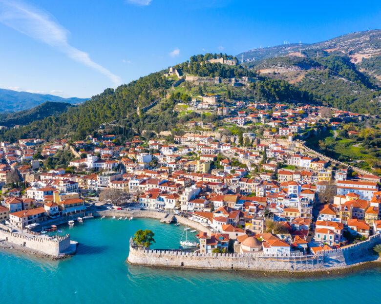 View of of Nafpaktos, Lepanto with the fortress, Greece.