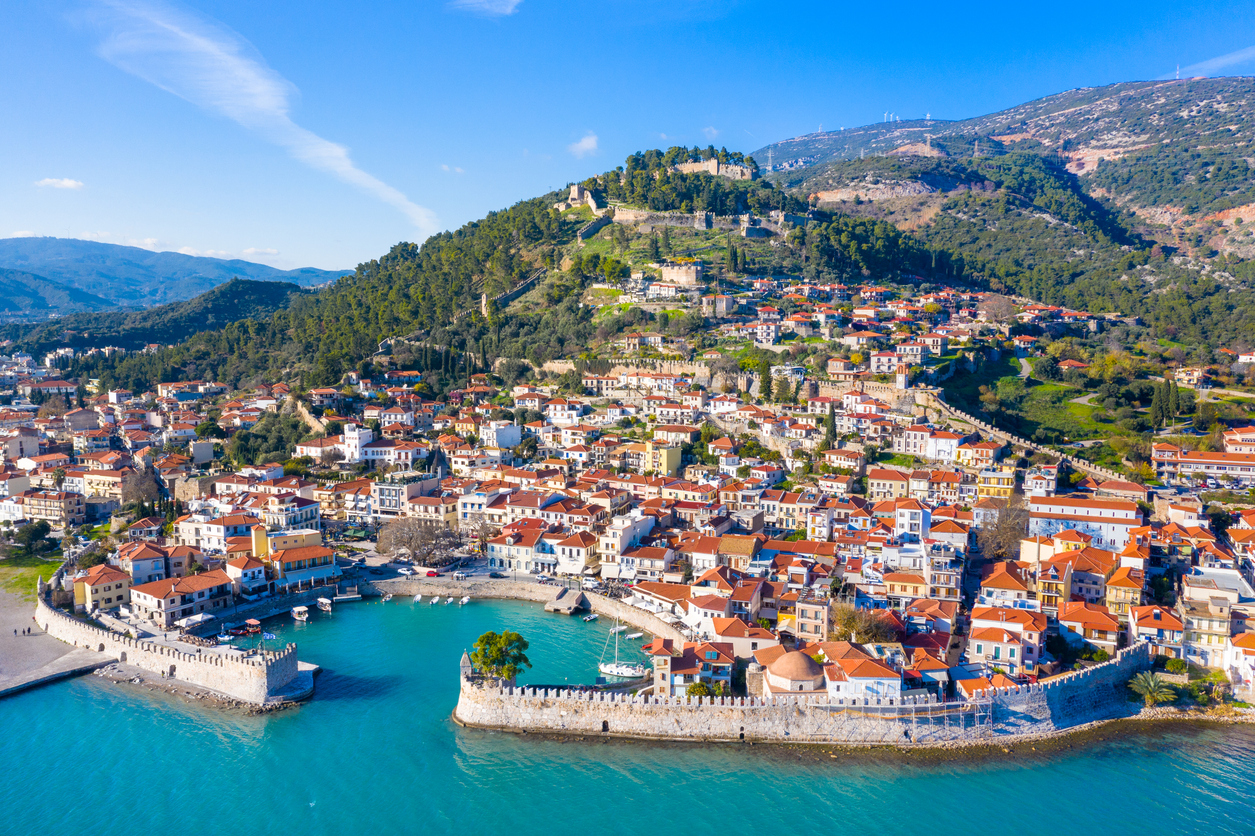 View of of Nafpaktos, Lepanto with the fortress, Greece.