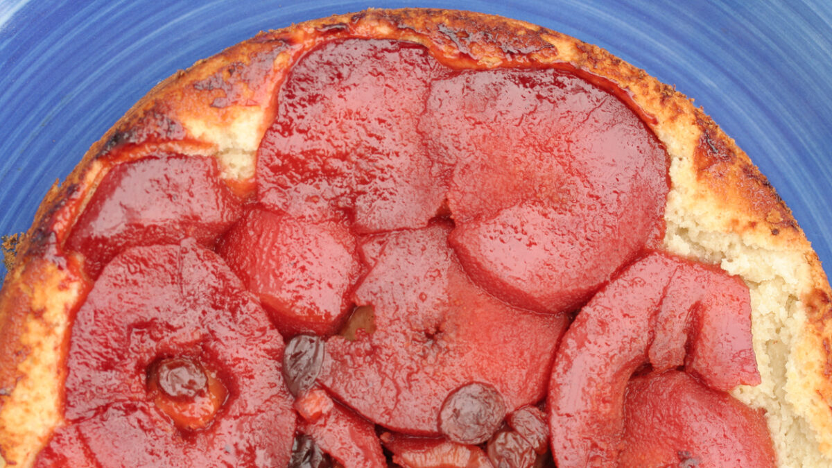 Quince tart tatin on a blue plate