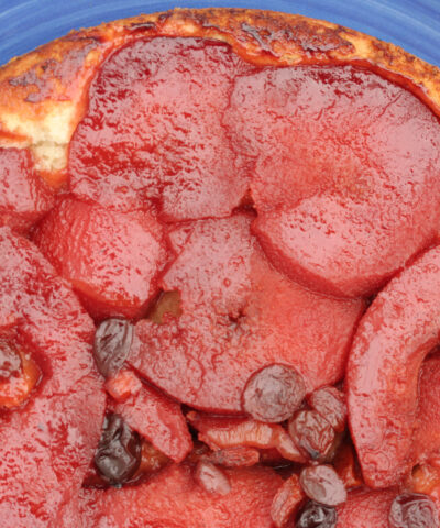 Quince tart tatin on a blue plate