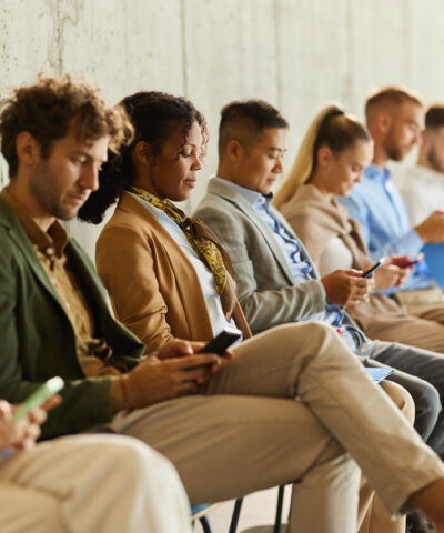 Large group of business people waiting for a job interview in a hallway. Focus is on black woman using mobile phone.