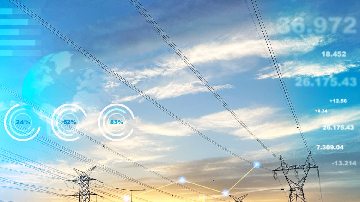 Global energy crisis concept. Energy prices rising. High voltage electric power lines with dramatic sky background. Analyzing data of power and energy prices. Financial and economic growth in energy costs