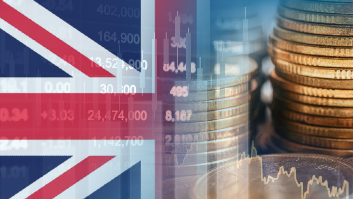 United Kingdom UK flag with stock market finance, economy trend graph digital technology.