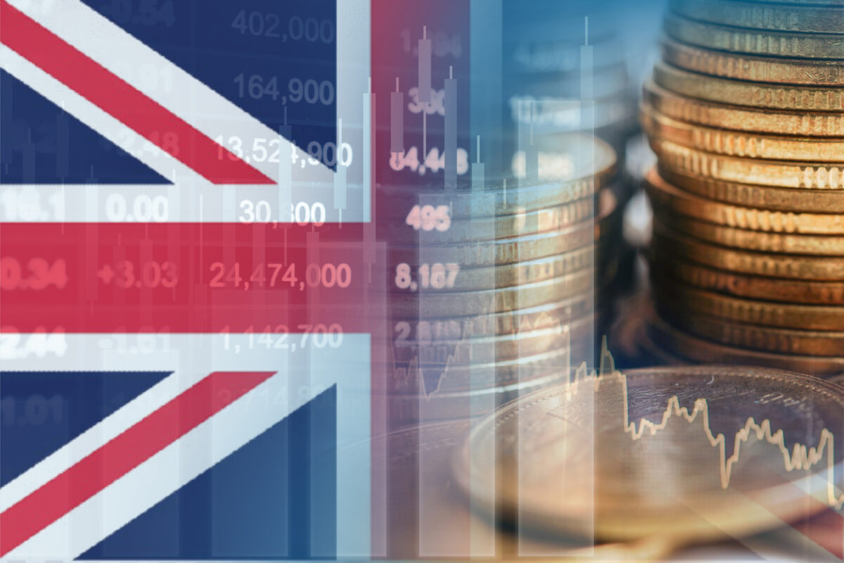 United Kingdom UK flag with stock market finance, economy trend graph digital technology.