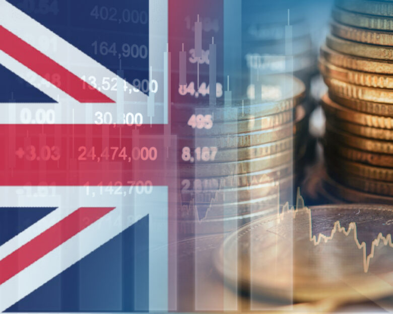 United Kingdom UK flag with stock market finance, economy trend graph digital technology.