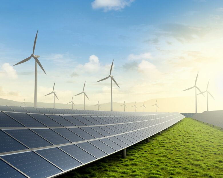 Solar farm and wind turbine on green fields