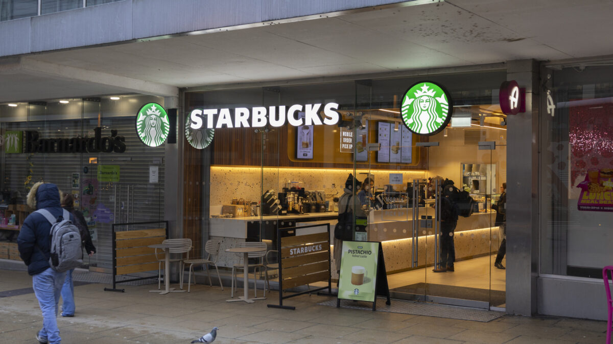 Manchester, uk, January 19th 2025 Exterior of Starbucks Coffee with logotype over entrance