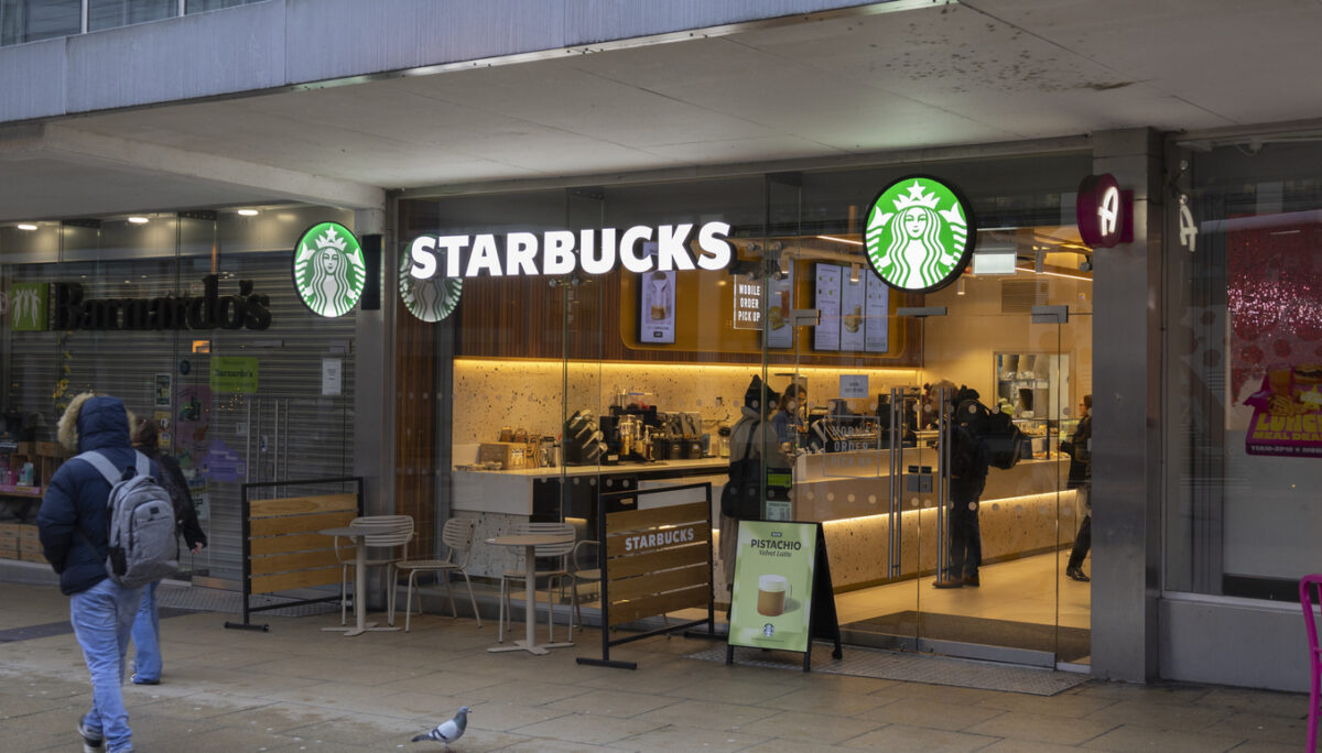 Manchester, uk, January 19th 2025 Exterior of Starbucks Coffee with logotype over entrance