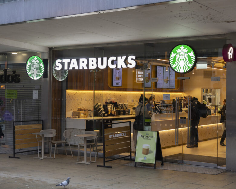 Manchester, uk, January 19th 2025 Exterior of Starbucks Coffee with logotype over entrance