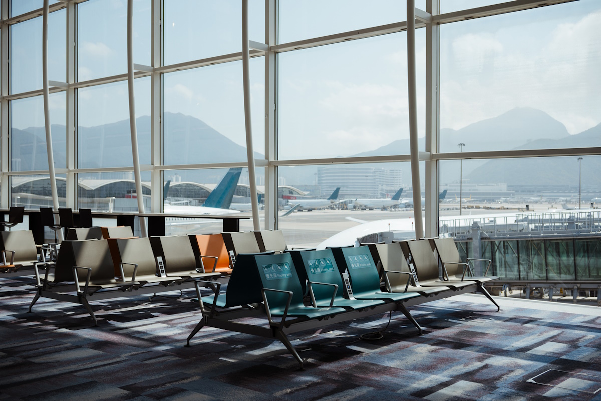 Airport terminal lounge interior.
