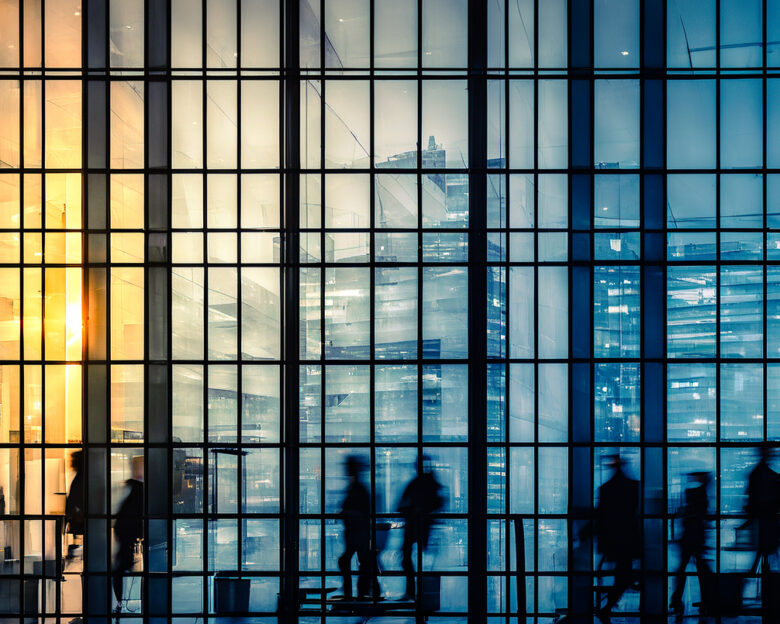 People Work At Office. Buildings Windows With Employees Working Inside. Business, Corporate Concept