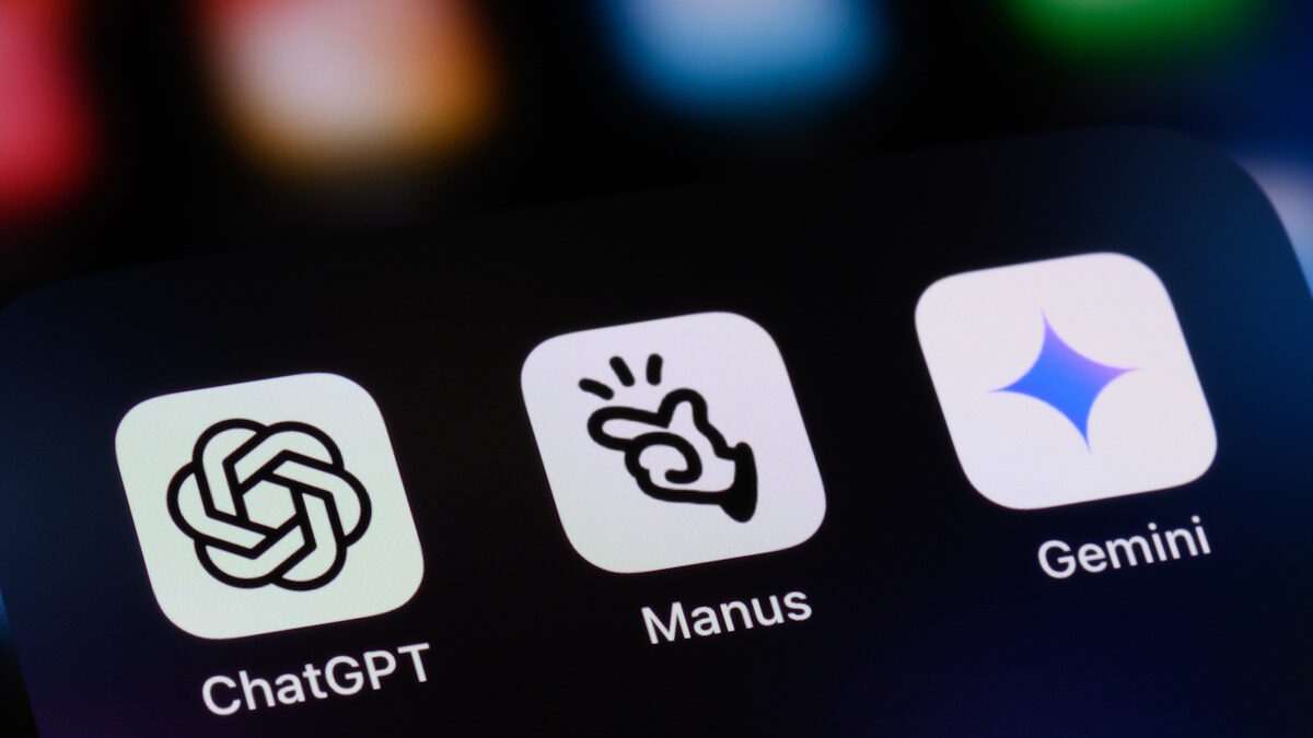 AI assistant apps on a smartphone - OpenAI ChatGPT, Manus AI, and Google Gemini