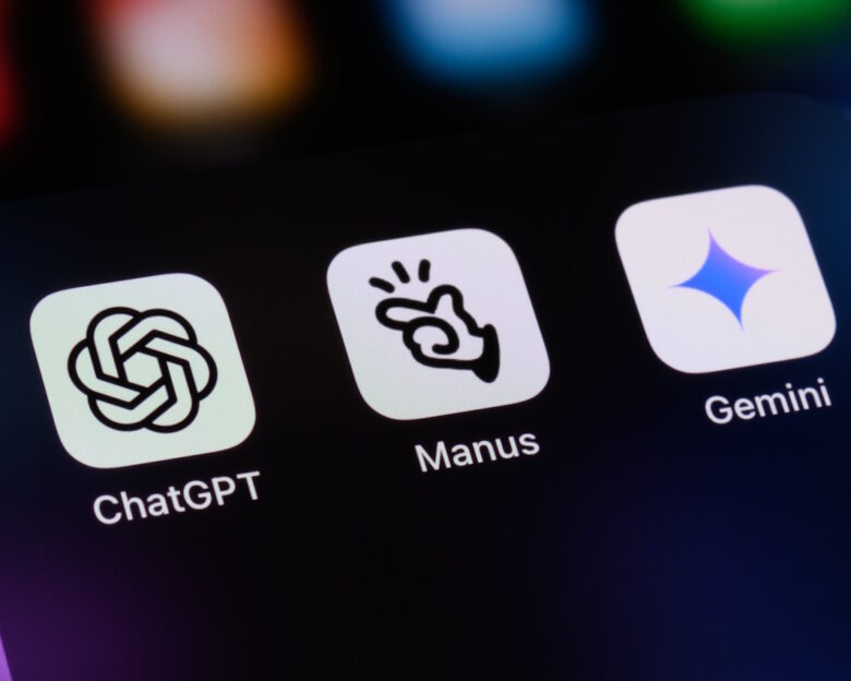 AI assistant apps on a smartphone - OpenAI ChatGPT, Manus AI, and Google Gemini