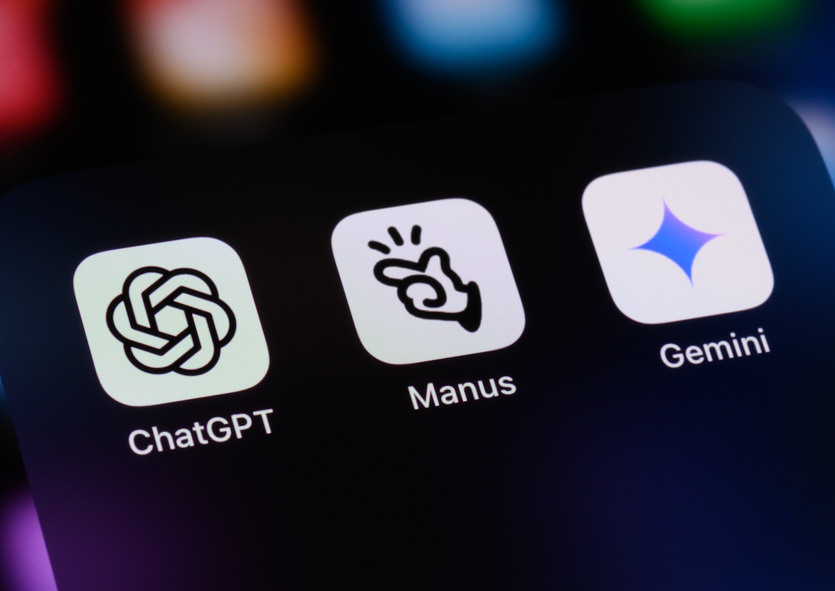 AI assistant apps on a smartphone - OpenAI ChatGPT, Manus AI, and Google Gemini