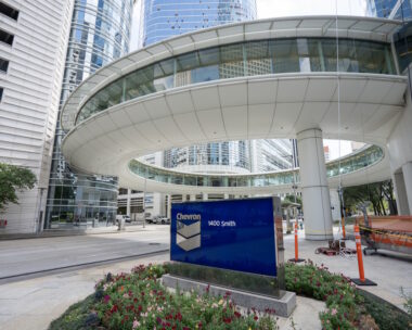 Houston, TX, USA - Apr 16, 2025: Exterior view of Chevron Corporation's global headquarters in Houston, Texas. Chevron Corporation is an American multinational energy corporation