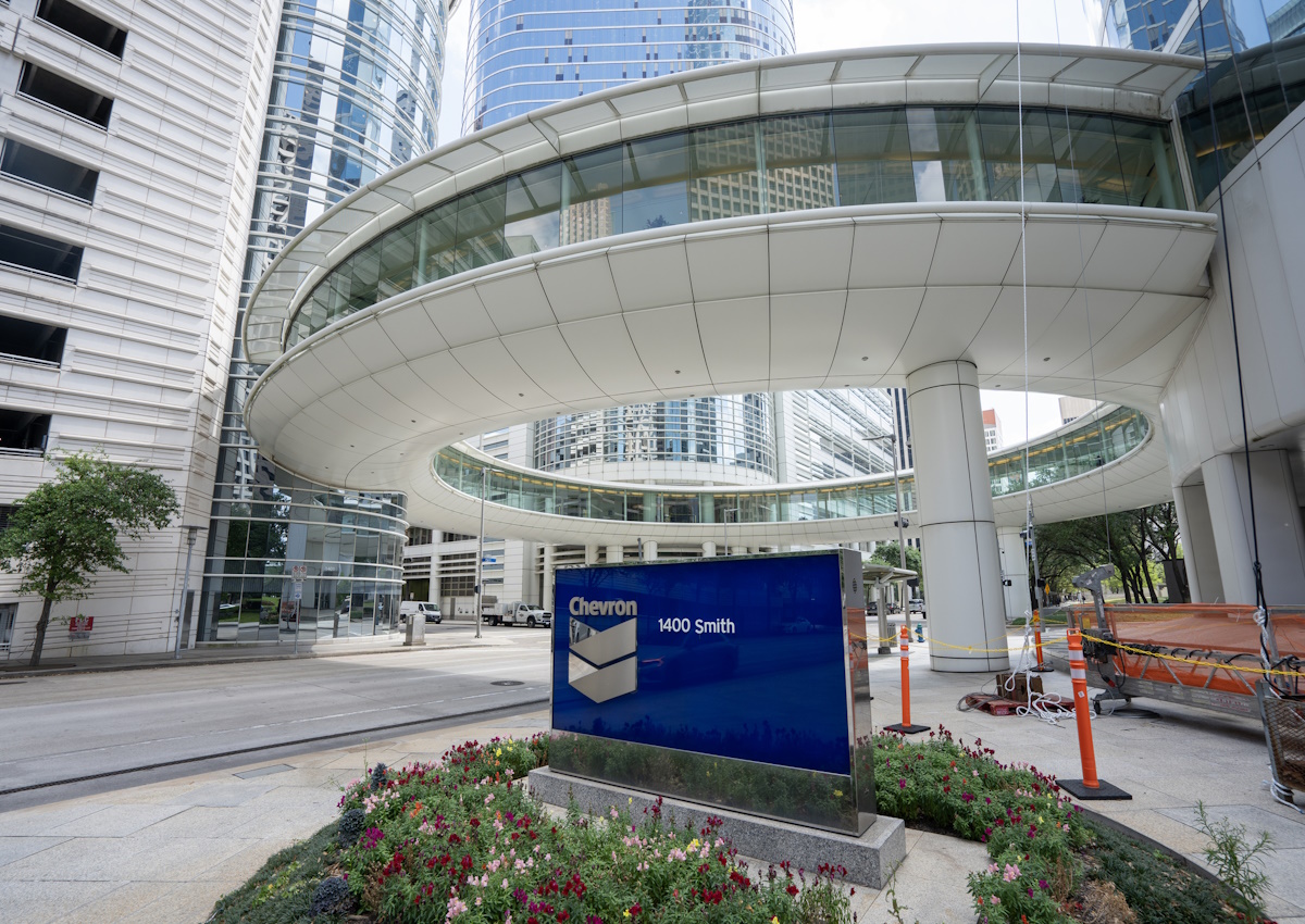 Houston, TX, USA - Apr 16, 2025: Exterior view of Chevron Corporation's global headquarters in Houston, Texas. Chevron Corporation is an American multinational energy corporation
