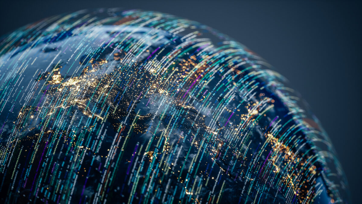 Conceptual image of Earth with data streams and digital overlays, ideal for themes involving artificial intelligence, big data, and global tech innovation. (World Map Courtesy of NASA: https://visibleearth.nasa.gov/view.php?id=55167)