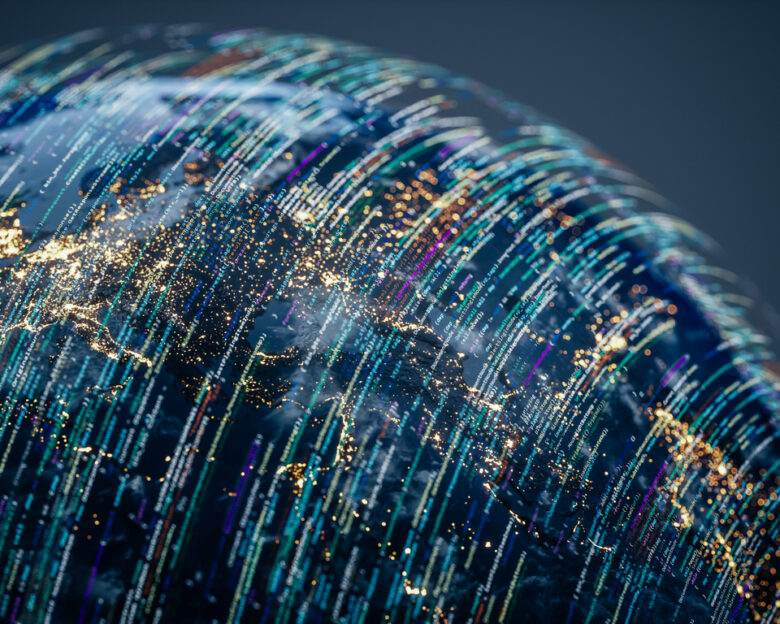 Conceptual image of Earth with data streams and digital overlays, ideal for themes involving artificial intelligence, big data, and global tech innovation. (World Map Courtesy of NASA: https://visibleearth.nasa.gov/view.php?id=55167)
