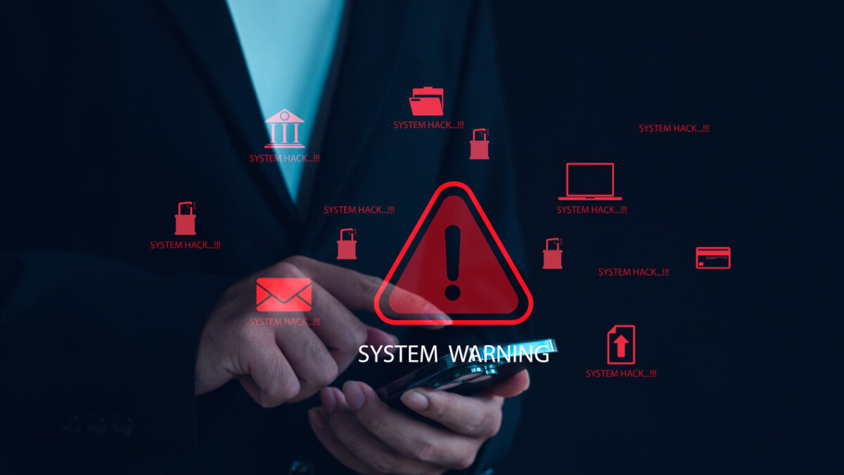 Cyber attack alert and system hacking warning concept with red danger symbols and data breach icons on smartphone, representing online security risk, malware infection, cybercrime threat prevention.
