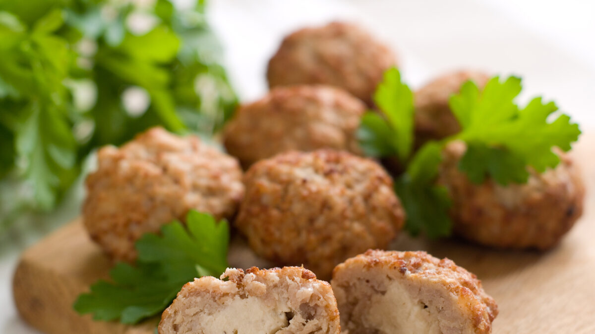 Minced meat ball in bowl, selective focus