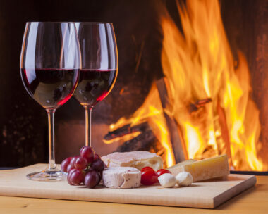 food and drinks at cozy fireplace at home