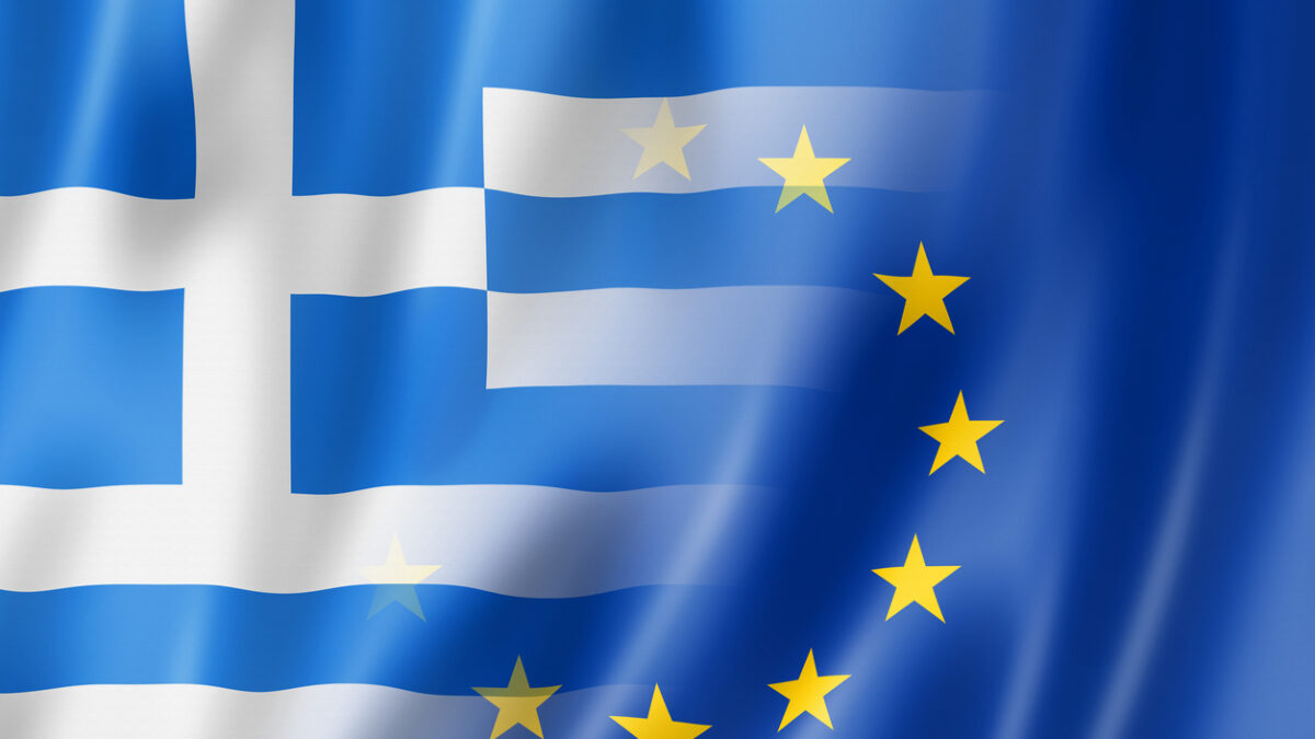 Mixed Greek and european Union flag, 3D illustration