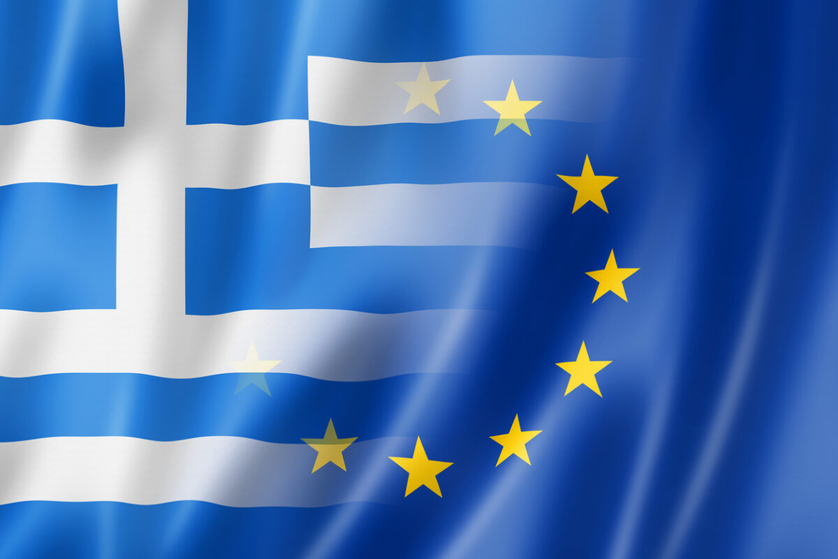Mixed Greek and european Union flag, 3D illustration