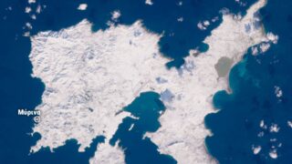 Δορυφορική εικόνα της Λήμνου καλυμμένη με χιόνι