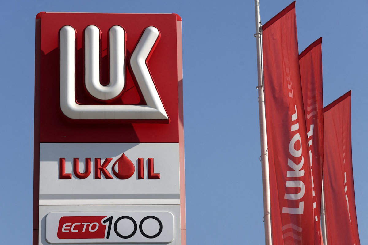 A Lukoil logo is displayed at a gas station in Bucharest, Romania, October 23, 2025. Inquam Photos/Octav Ganea/ via REUTERS ATTENTION EDITORS - THIS IMAGE WAS PROVIDED BY A THIRD PARTY. ROMANIA OUT. NO COMMERCIAL OR EDITORIAL SALES IN ROMANIA