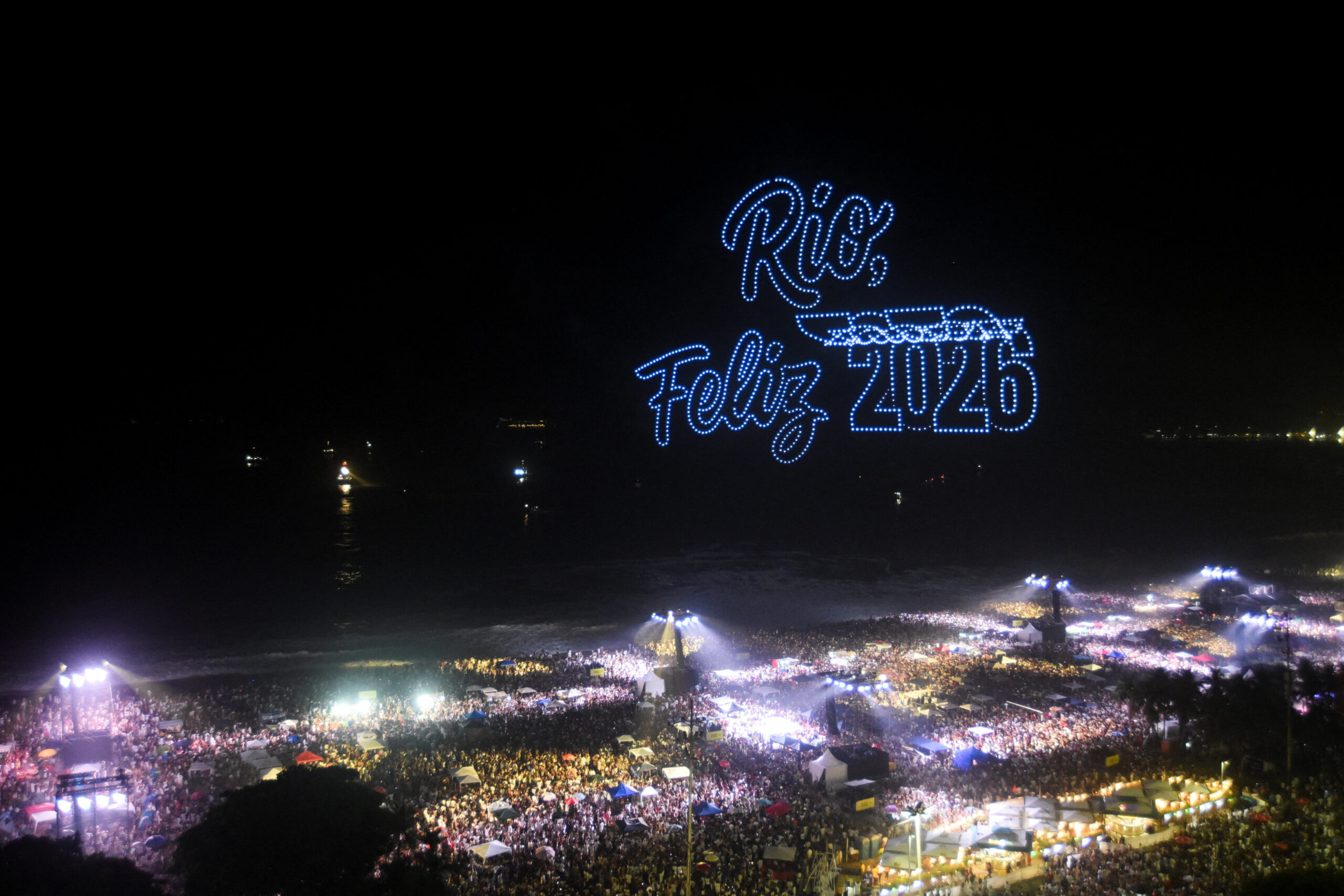 Drones make a formation during New Year's celebrations at the Copacabana beach in Rio de Janeiro, Brazil, January 1, 2026. REUTERS/Tita Barros