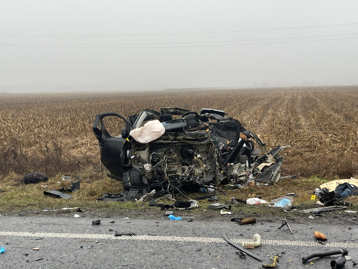 SENSITIVE MATERIAL. THIS IMAGE MAY OFFEND OR DISTURB. The wreckage of a vehicle involved in a road accident with a minibus carrying Greek PAOK soccer fans lies at the scene near Lugoj, Romania, January 27, 2026. Lugo Info