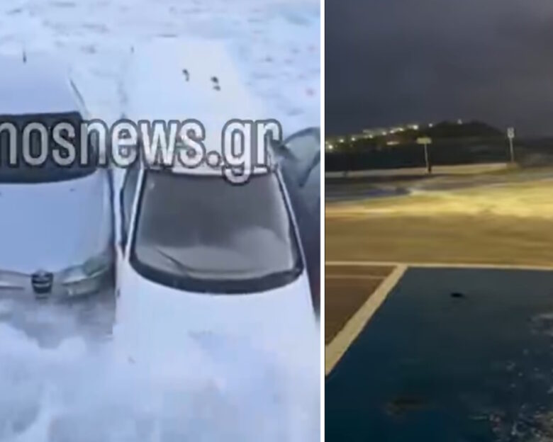 Καιρός – Τήνος: Κύματα κατακλύζουν το λιμάνι και παρασέρνουν αυτοκίνητα που συγκρούονται μεταξύ τους
