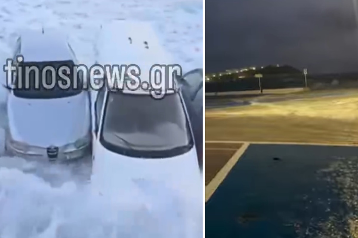 Καιρός – Τήνος: Κύματα κατακλύζουν το λιμάνι και παρασέρνουν αυτοκίνητα που συγκρούονται μεταξύ τους