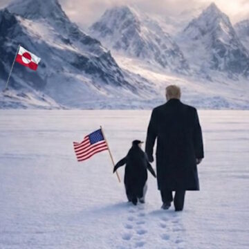 Ο Τραμπ περπατά χέρι χέρι με έναν πιγκουίνο