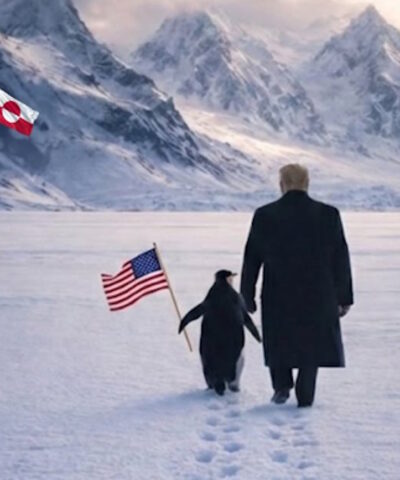 Ο Τραμπ περπατά χέρι χέρι με έναν πιγκουίνο