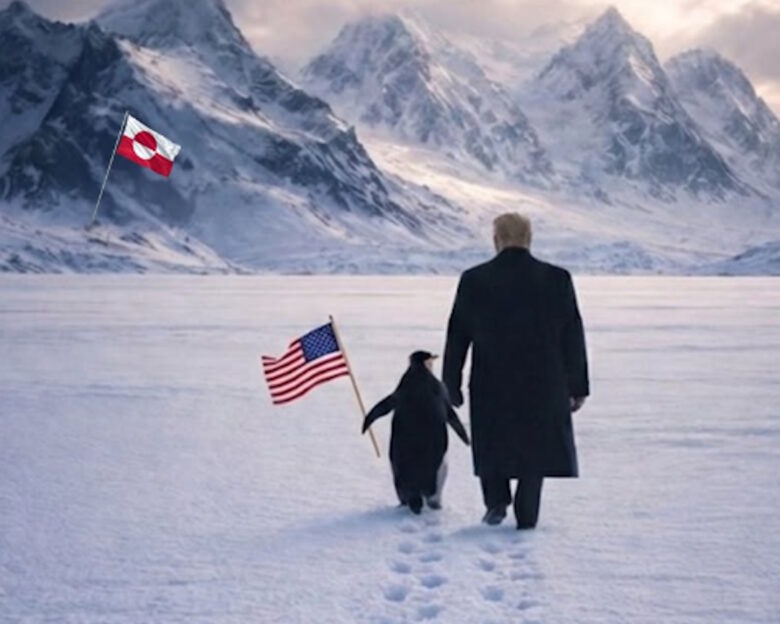 Ο Τραμπ περπατά χέρι χέρι με έναν πιγκουίνο