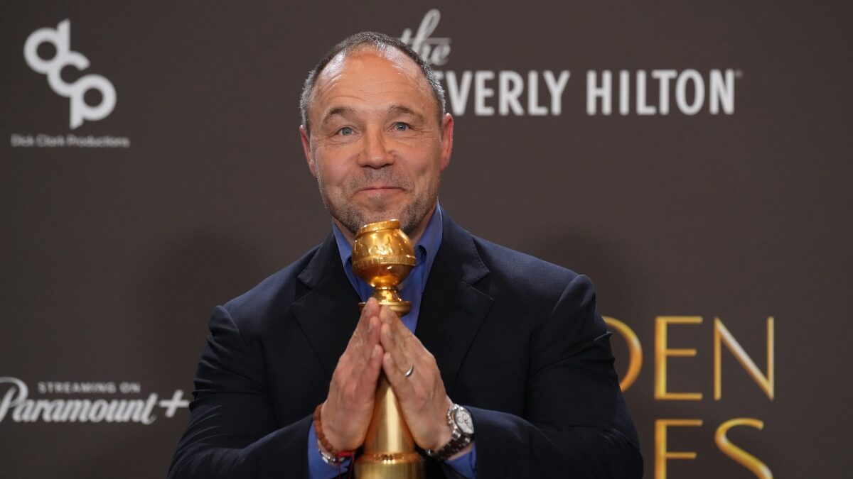 Stephen Graham poses in the press room with the award for best performance by a male actor in a limited series, anthology series, or a motion picture made for television for "Adolescence" during the 83rd Golden Globes on Sunday, Jan. 11, 2026, at the Beverly Hilton in Beverly Hills, Calif.